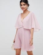 Asos Design Mini Dress With Pleat Skirt And Flutter Sleeve-beige