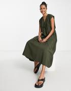 Whistles Easy Midi Smock Dress With V Front In Khaki-green