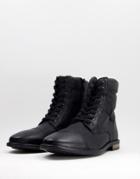 Asos Design Lace Up Boots In Black Leather With Shearling Lining
