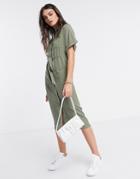 Asos Design Utility Midi Shirt Dress With Drawstring Waist In Khaki-green