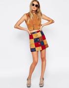 Asos A Line Skirt In Patchwork Suede With Button Through - Multi