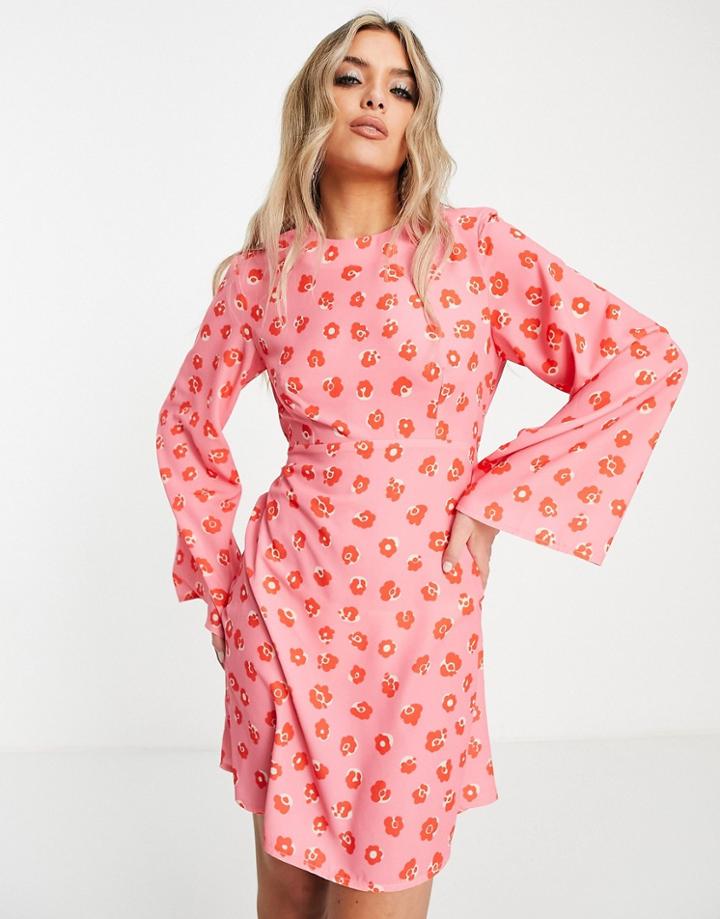 Twisted Wunder Bell Sleeve Mini Dress In Painted Floral-pink