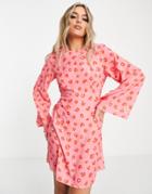 Twisted Wunder Bell Sleeve Mini Dress In Painted Floral-pink