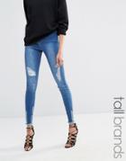 Missguided Tall Raw Hem Distressed Skinny Jeans - Indigo Vintage