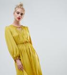 River Island Wrap Front Midi Dress With Tie Neck Detail In Yellow - Blue