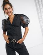 Asos Design Cotton Shirt With Floral Organza Sleeve In Black