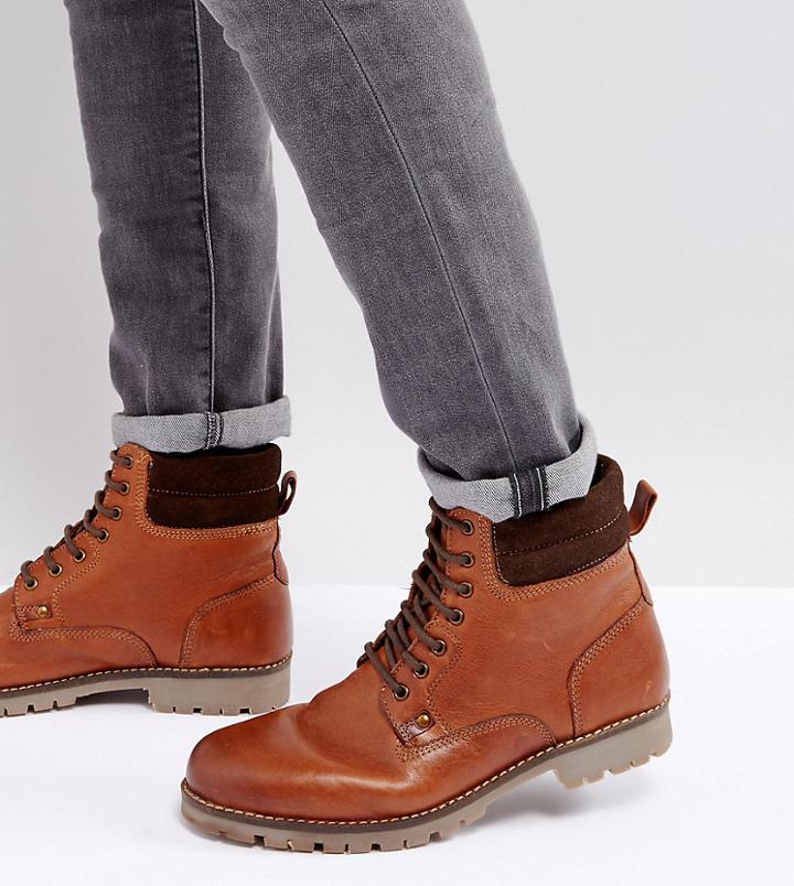 Asos Wide Fit Lace Up Worker Boots In Tan Leather - Tan