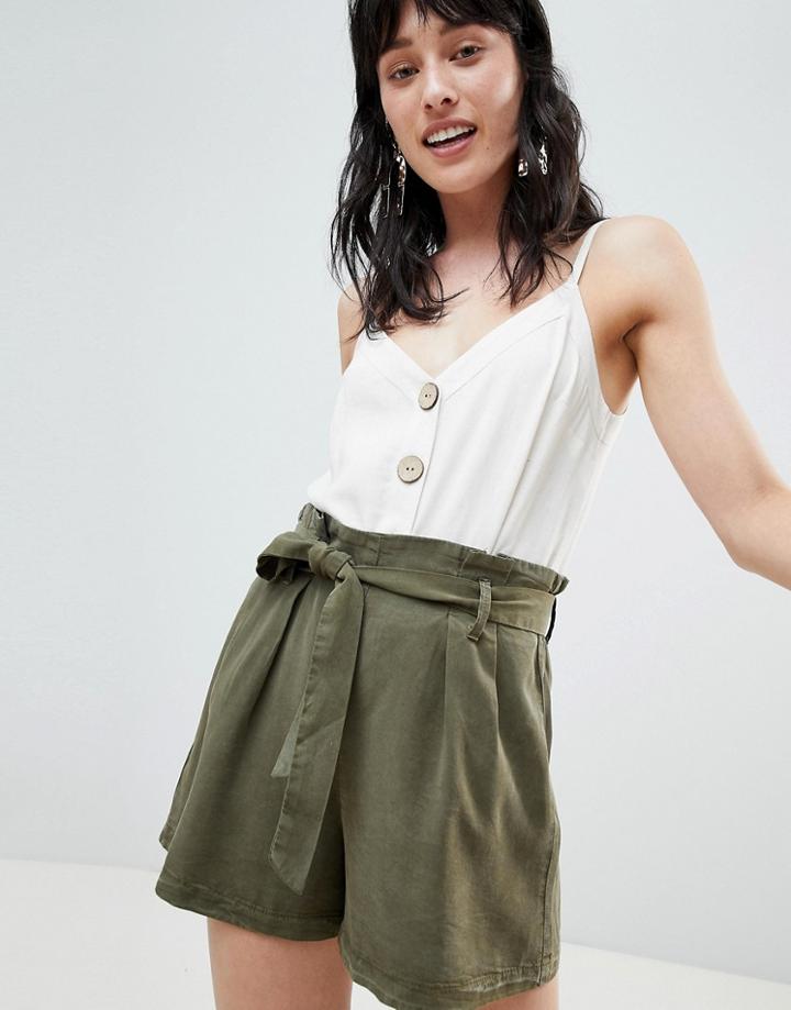 Stradivarius Tie Waist Tencil Shorts - Green