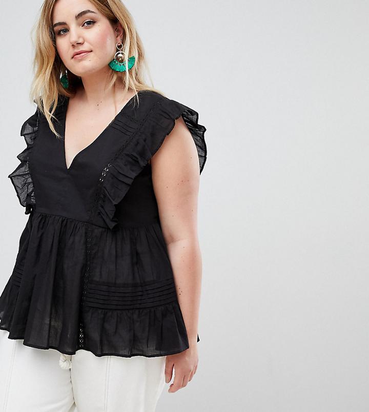 Asos Design Curve V Neck Longline Top With Flutter Sleeve - Black