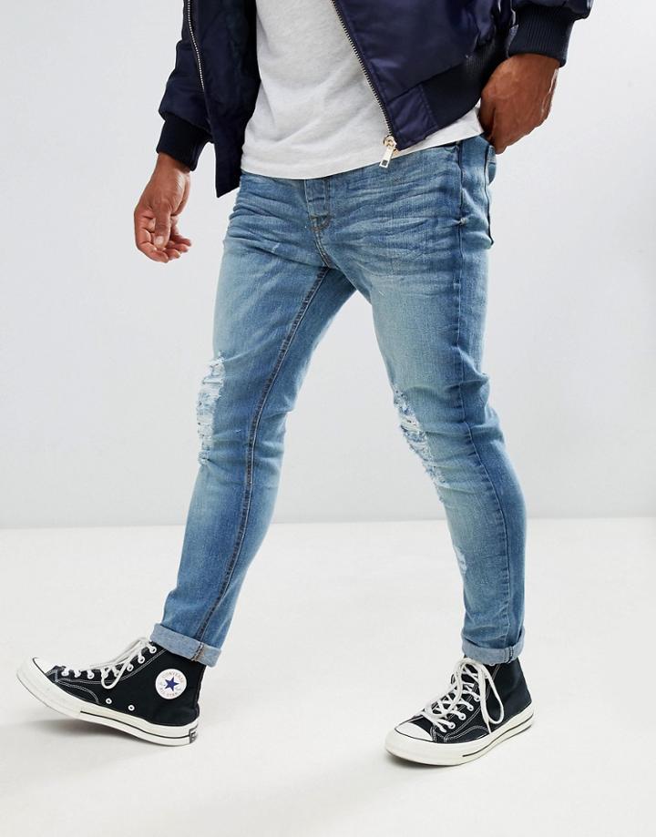 Brave Soul Skinny Fit Mid Wash Ripped Jeans - Blue