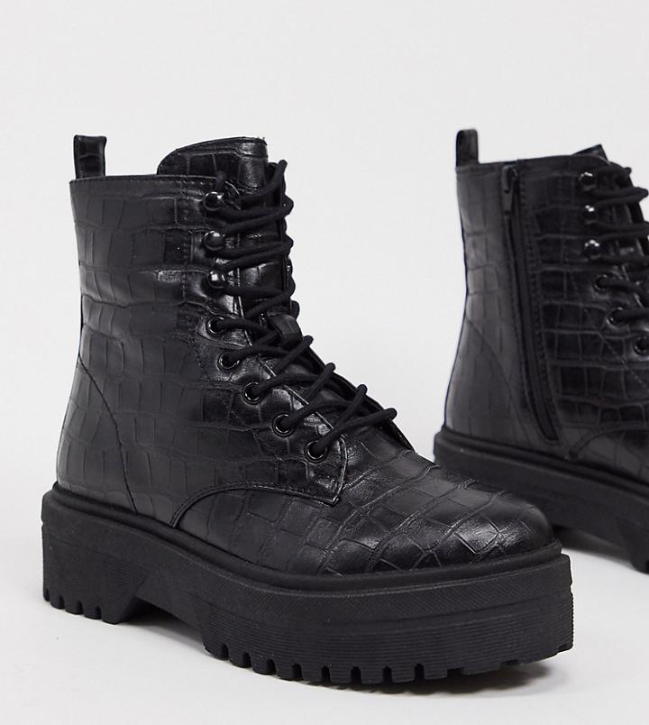 Simply Be Extra Wide Fit Lace Up Chunky Flat Boots In Black Croc
