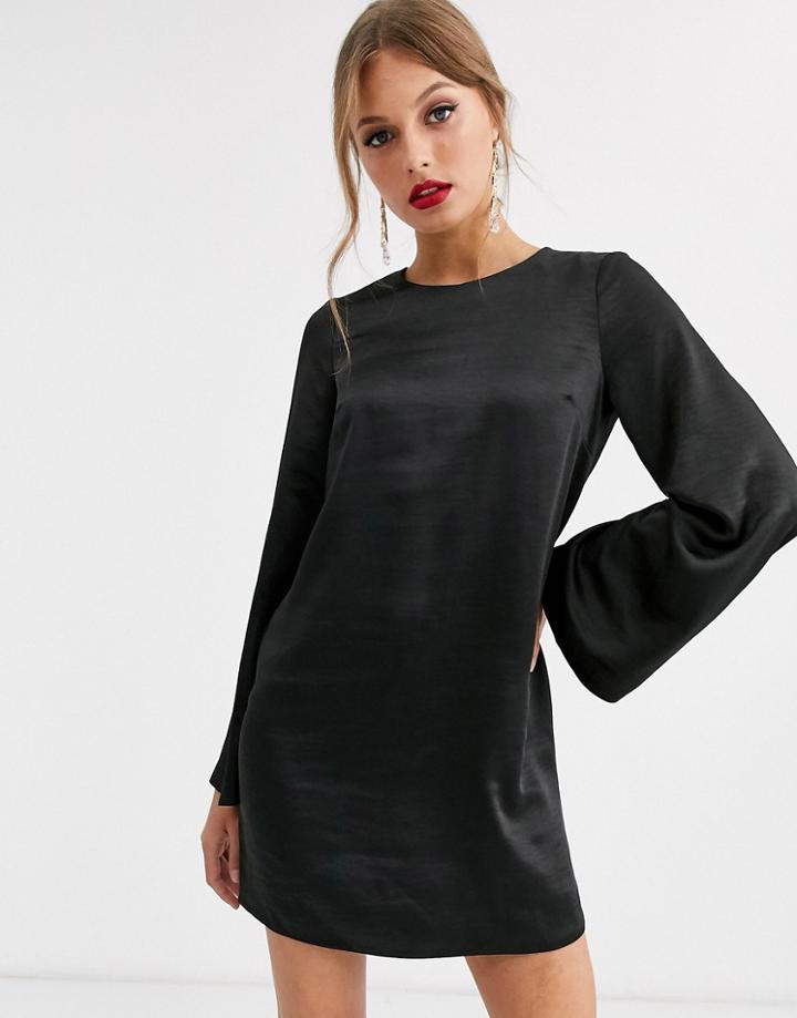 Asos Design Long Sleeve Satin Shift Mini Dress In Washed Satin - Black