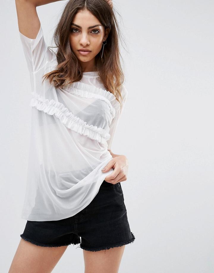 Influence Mesh Top With Ruffle Front - White