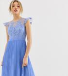 Chi Chi London Petite Midi Dress With Pleated Skirt And Embroidered Top Detail In Cornflower Blue