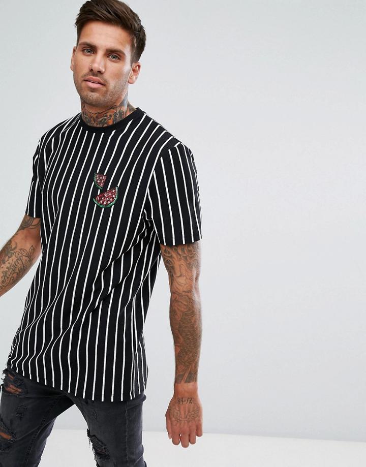 Asos Longline T-shirt With Vertical Stripe And Sequin Melon Placement - Black