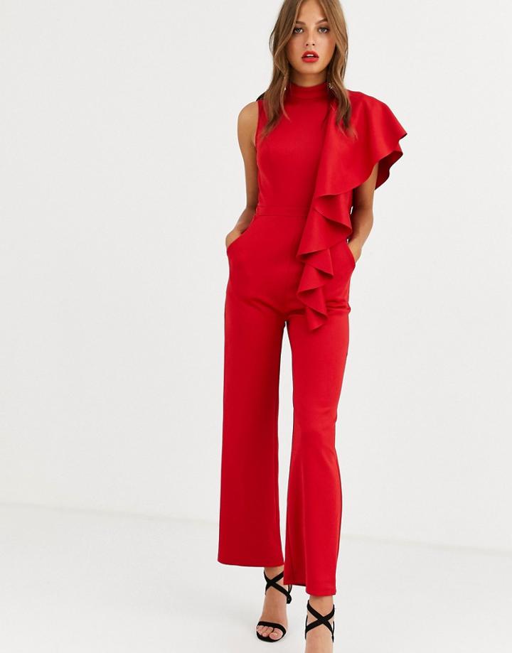 Chi Chi London High Neck Scuba Jumpsuit With Frill Detail In Red