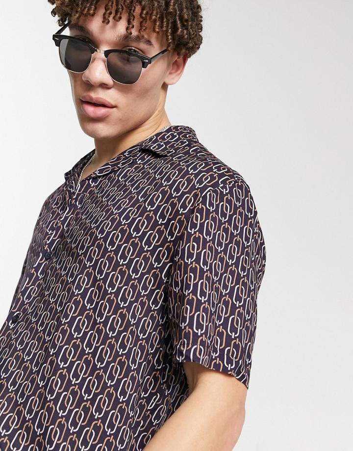 River Island Short Sleeve Chain Print Shirt In Black