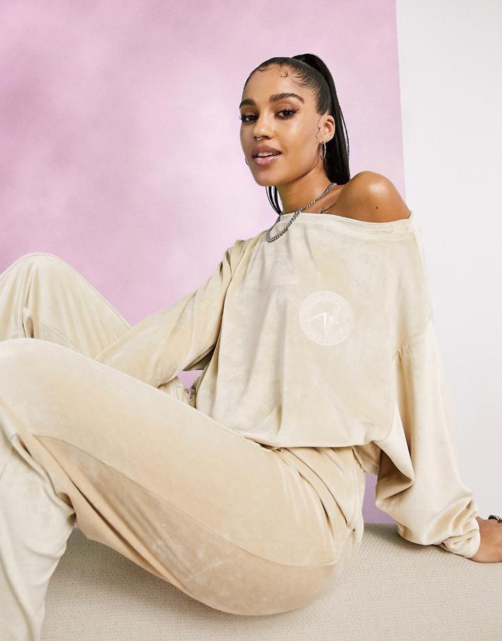 Asos Design Mix & Match Lounge Velour Off Shoulder Sweatshirt In Brown