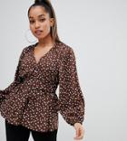 Asos Design Petite Long Sleeve Plunge Top With Kimono Sleeve And Belt In Polka Dot-multi