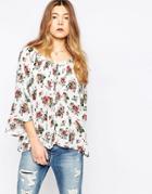 Only 3/4 Sleeve Tie Front Top - Cloud Dancer Aop Flo