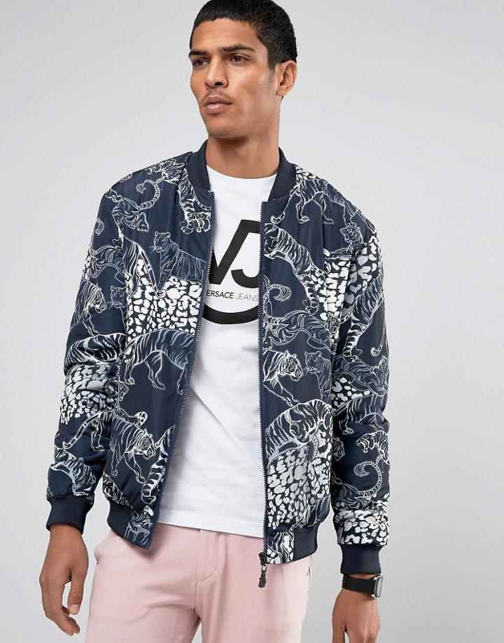 Versace Bomber Jacket In Tiger Print - Navy