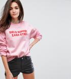 Adolescent Clothing Boyfriend Sweater With Girls Support Each Other Slogan Print - White