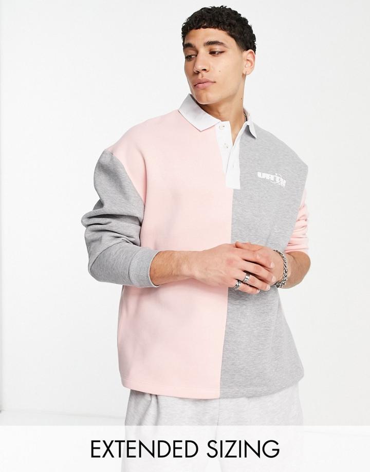 Asos Design Oversized Rugby Sweatshirt In Gray Heather And Pink With Print-multi