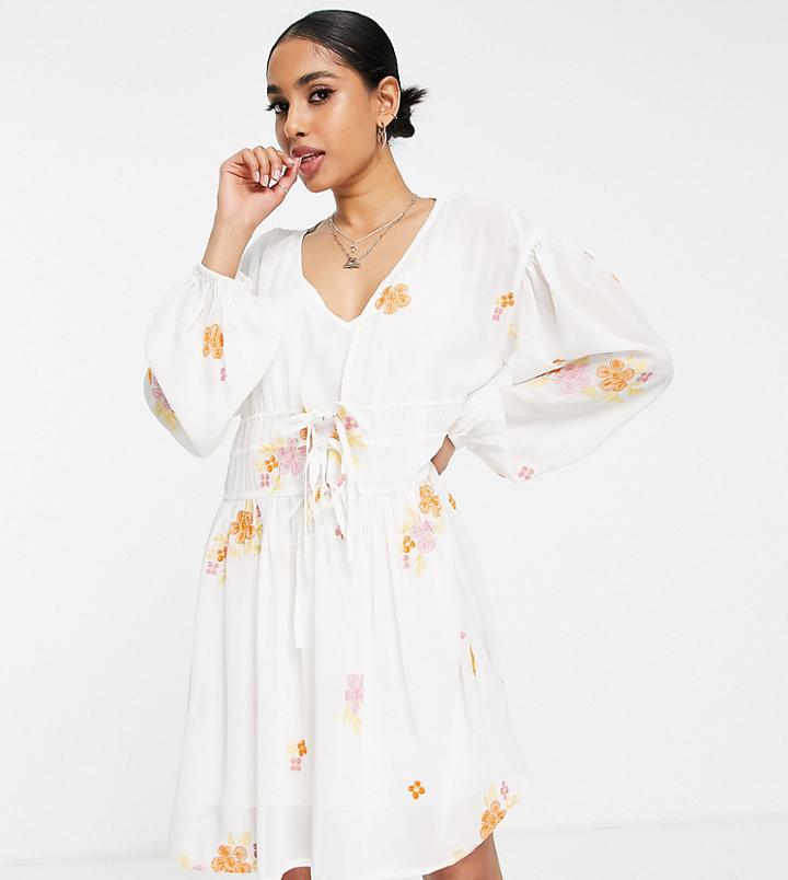 Asos Design Petite Soft All Over Embroidered Mini Dress In White