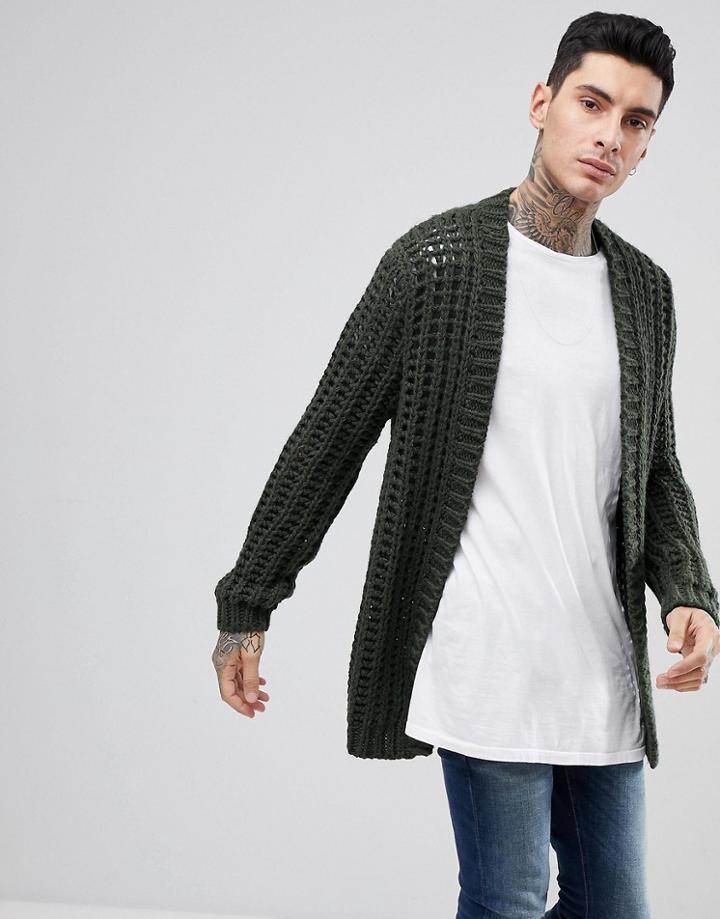 Asos Chunky Stitch Textured Cardigan In Khaki - Green