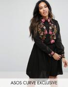 Asos Curve Shirt Dress With Floral Embroidery - Multi