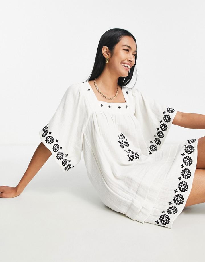 Topshop Embroidered Mini Smock Dress In Mono-multi