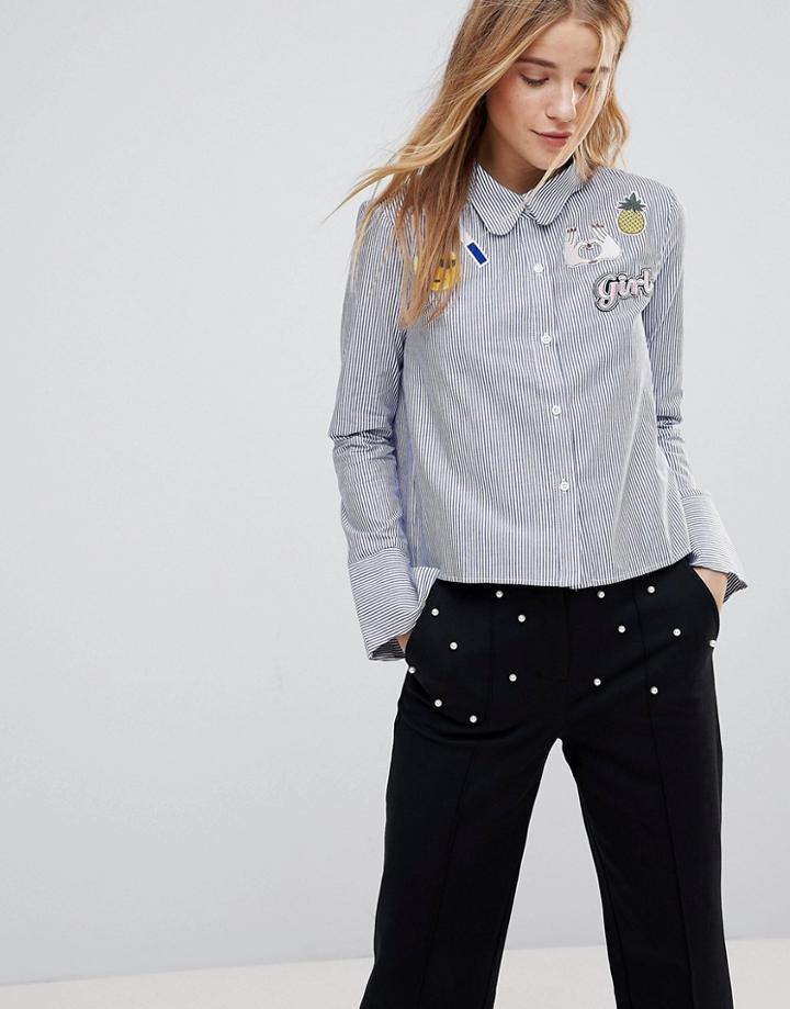 The English Factory Scallop Collar Stripe Shirt With Patches - Blue