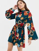 Parisian High Neck Floral Dress With Tie Waist - Multi