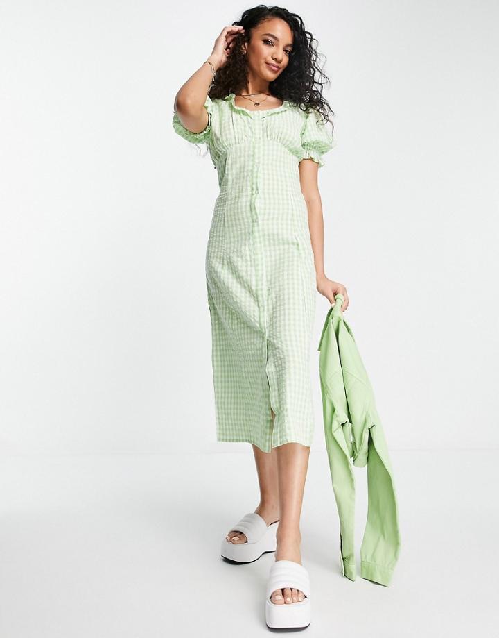 Miss Selfridge Textured Button Up Midi Dress In Green Jumbo Gingham