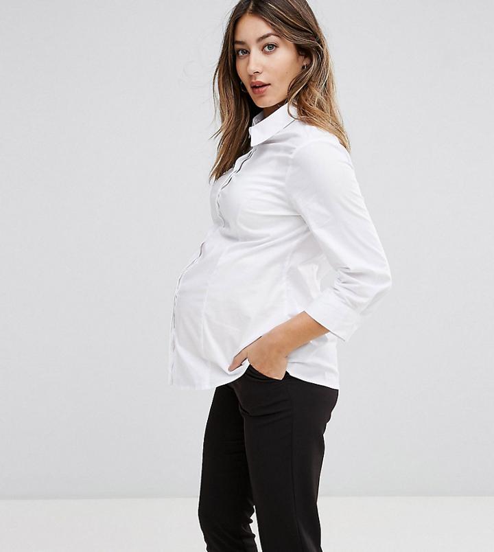 Asos Design Maternity Fuller Bust 3/4 Sleeve Shirt In Stretch Cotton-white