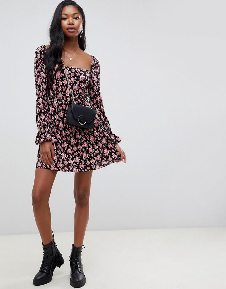 Asos Design Mini Plisse Skater Dress With Square Neck In Floral Print-multi