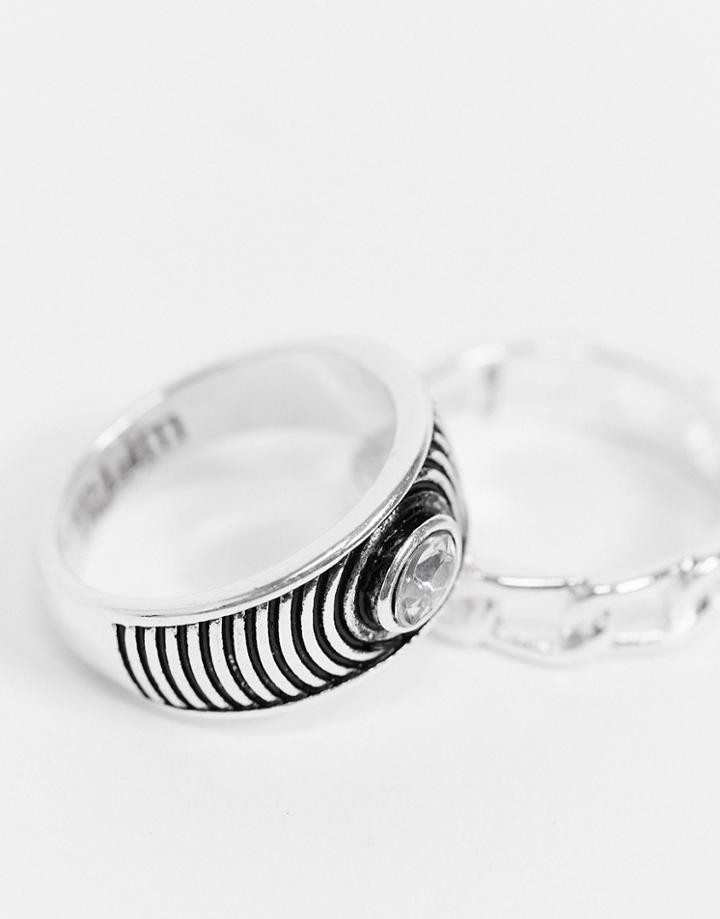 Wftw Ring 2 Pack In Silver With Chain And Crystal Embellishment