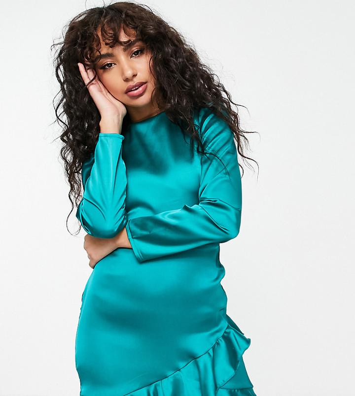 Flounce London Petite Long Sleeve Wrap Mini Dress In Emerald Green