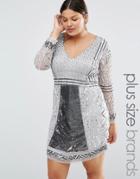 Lovedrobe Luxe Long Sleeve Plunge Front Heavily Embellished Shift Dress - Silver