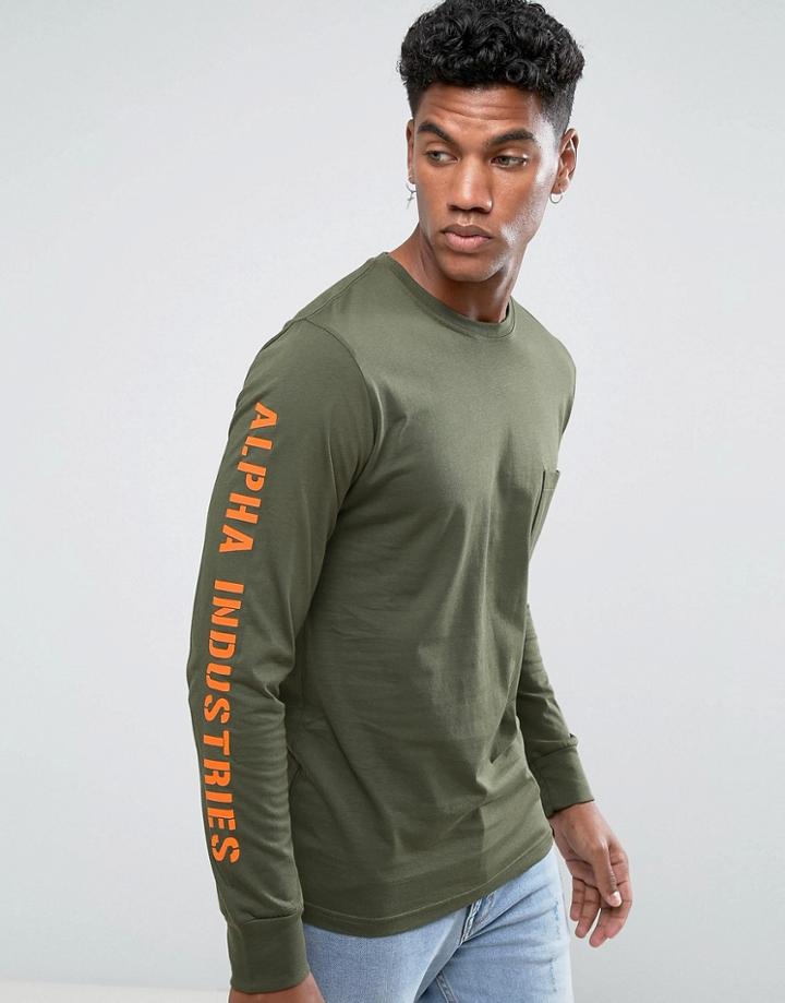 Alpha Industries Long Sleeve Top Sleeve Print In Dark Green - Green