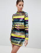 Club L Long Sleeve Rainbow Sequin Mini Bodycon Dress - Multi
