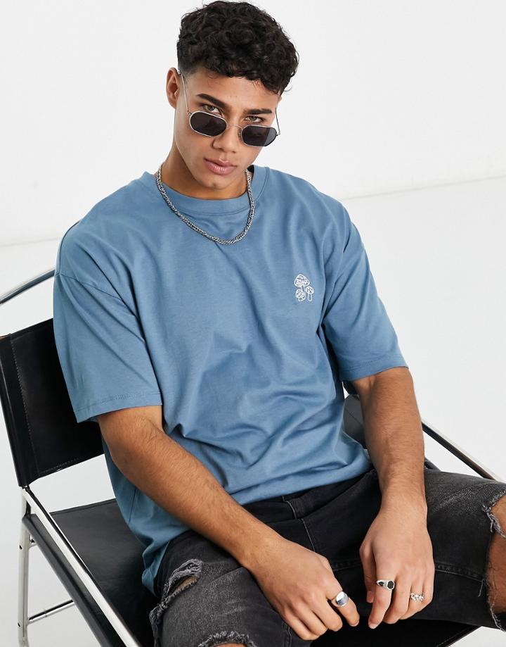 New Look T-shirt With Mushroom Embroidery In Mid Blue