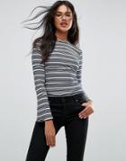 Goldie Vision Irregular Stripe Long Sleeve Bell Arm Fitted Top - Blue