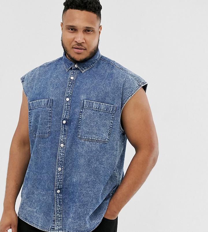 Asos Design Plus Oversized Sleeveless Denim Shirt In Acid Wash-blue