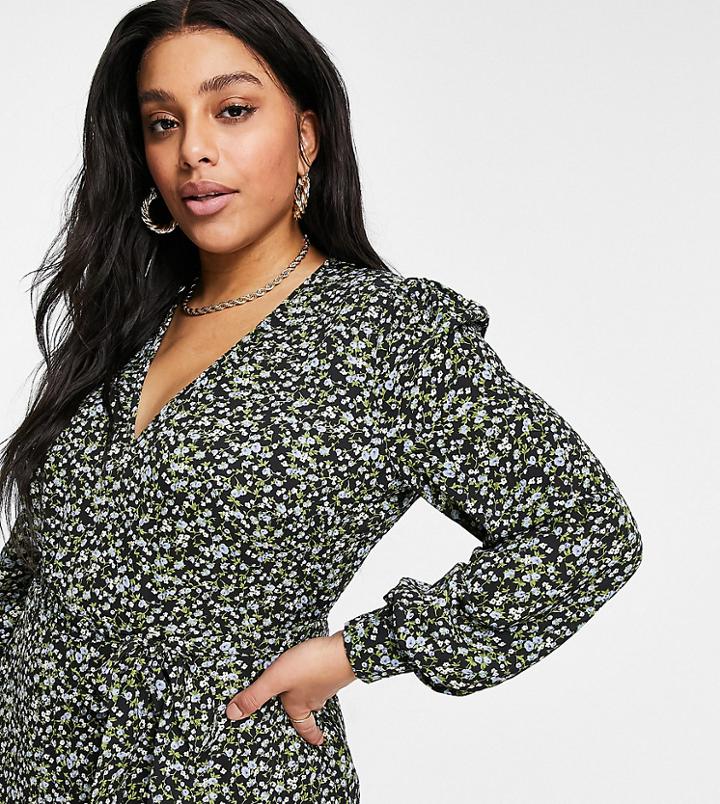 Missguided Plus Midaxi Wrap Dress With V-neck In Black Whimsy Print