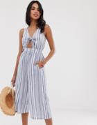 Accesorize Scallop Neck Tie Front Beach Jumpsuit In Stripe - Multi