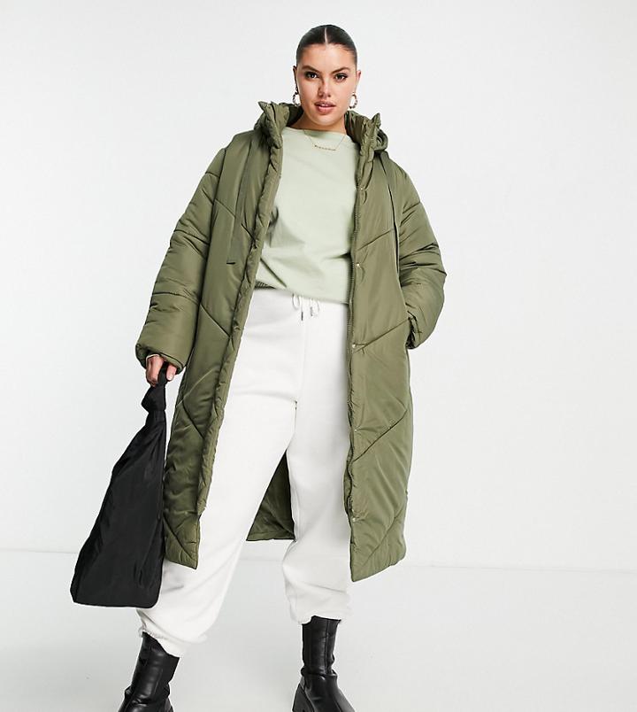 Violet Romance Plus Longline Puffer Coat In Olive-green