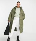 Violet Romance Plus Longline Puffer Coat In Olive-green