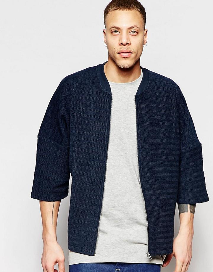 Asos Textured Jersey Bomber Jacket With Kimono Sleeves - Navy