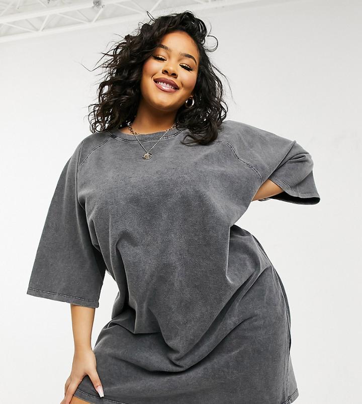 Asos Design Curve Oversized Heavy Weight T-shirt Dress In Gray Acid Wash-grey